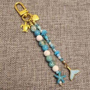 Ocean-Themed Blue Gold Beaded Bag Charm